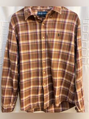 Ralph Lauren custom fit Men’s Long-Sleeve Plaid Button-Down Shirt - Rust/Gold XL